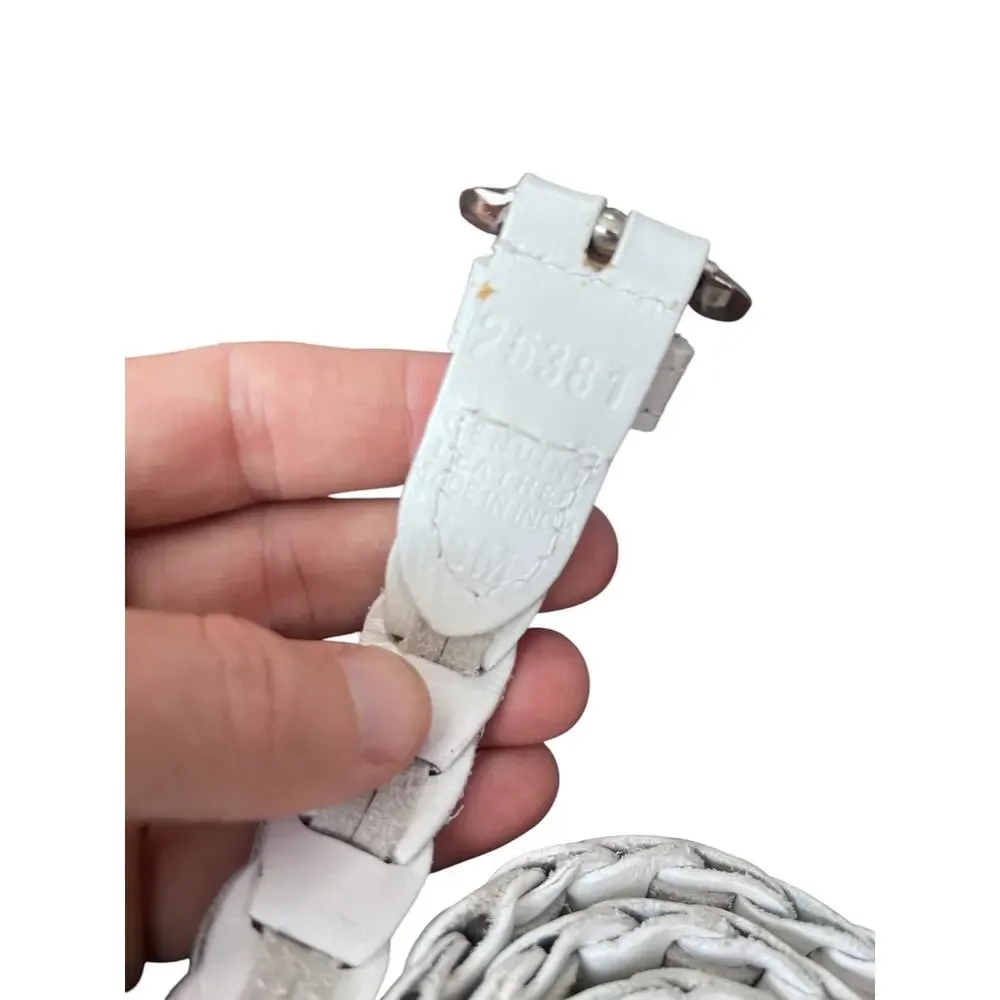 White Braided Skinny Belt Womens Small Leather Woven Chrome Tone Buckle